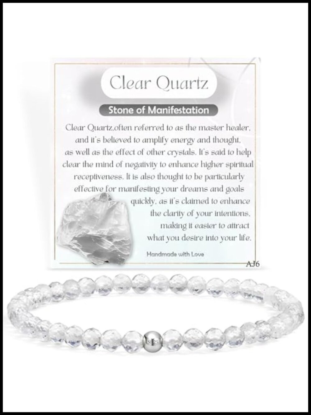 Handmade Clear Quartz Beaded Stretch Bracelet 925 Sterling Silver Crystal